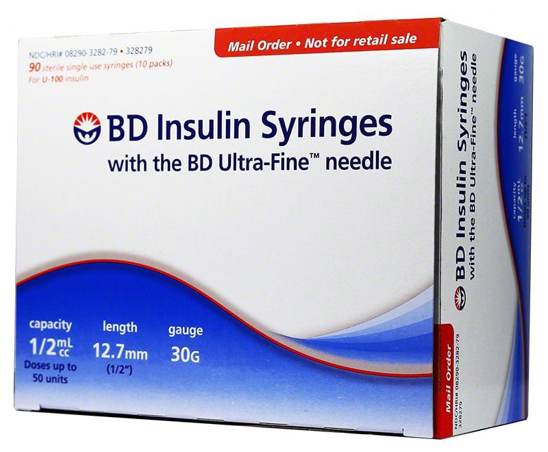 BD Ultra-Fine U-100 Insulin Syringe 30G x 12-7/10mm Needle Length, 1/2cc Volume Box of 90