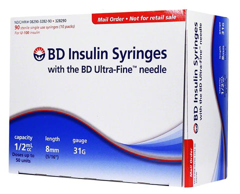 BD Ultra-Fine Insulin Syringes Short Needle 31G 1/2cc 5/16" 90ct