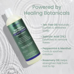 Pouring TriDerma tea tree shampoo into hand – clear, refreshing liquid for calming dry, irritated scalp