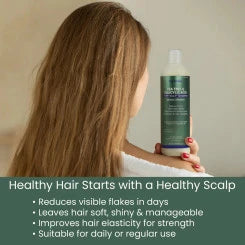TriDerma Itchy Scalp Shampoo bottle with hair comb – ideal for dandruff, seborrheic dermatitis and scalp psoriasis