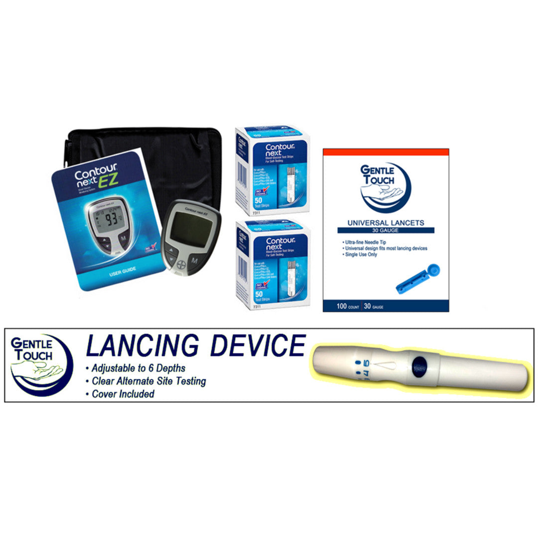 Ascensia Bayer Contour Next EZ Meter [+] Next 100 Test Strips, Lancing Device & Lancets For Glucose Care