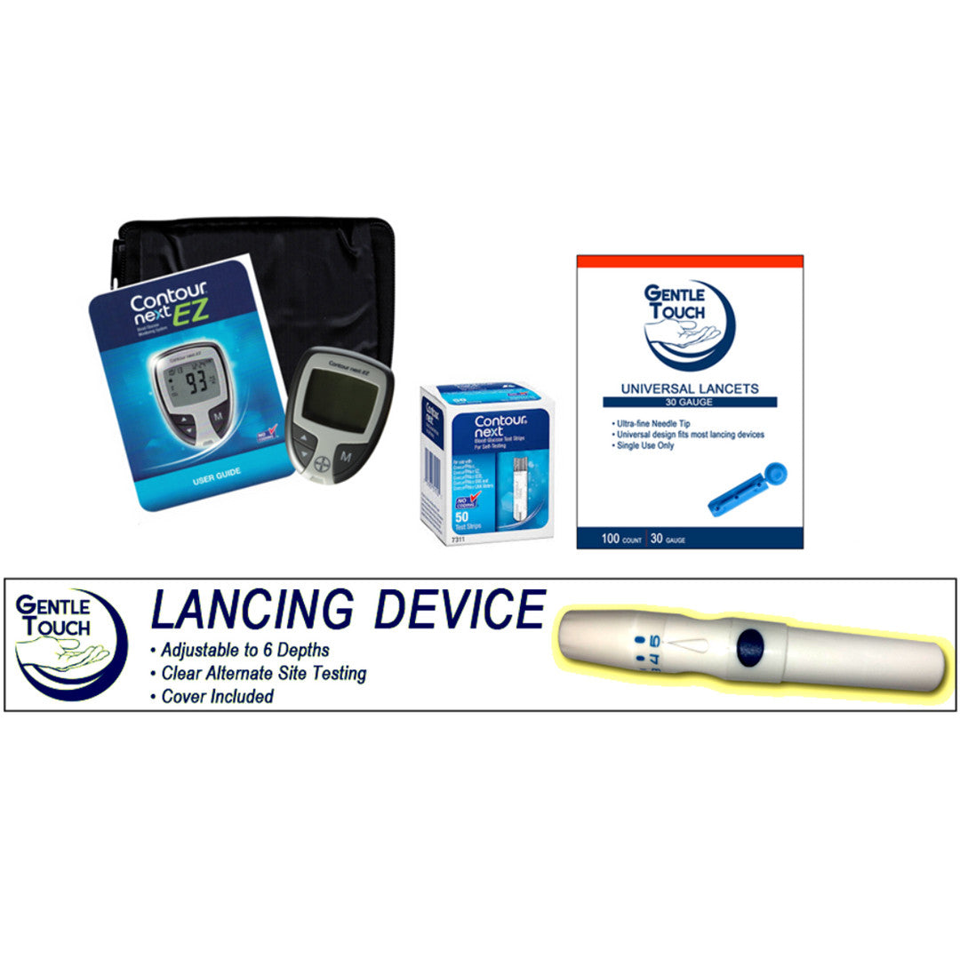 Ascensia Bayer Contour Next EZ Meter [+] Next 50 Test Strips, Lancing Device & Lancets For Glucose Care