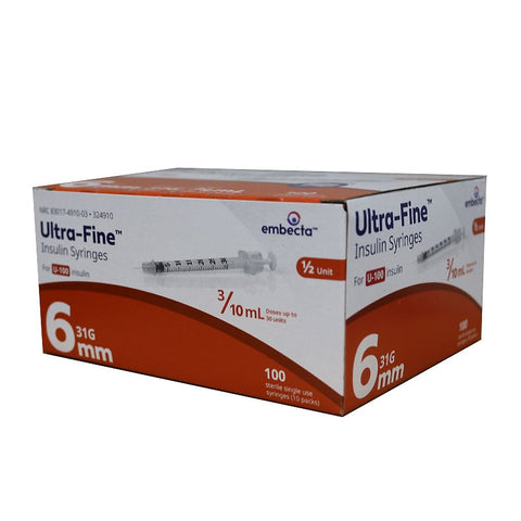 BD Embecta Veo Syringes 31g 3/10cc 6mm Half Unit Markings 100 Count