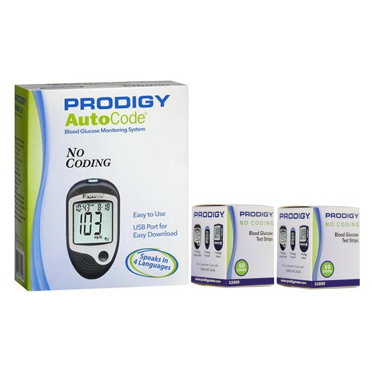 Prodigy AutoCode® Talking Blood Glucose Meter Plus 2 Boxes (100ct) Prodigy Test Strips by Prodigy Diabetes Care available at Diabetic Pro