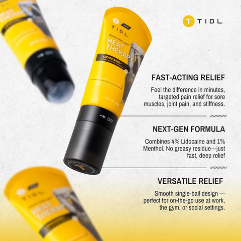 TIDL Heat Therapy Roll-On - Maximum Strength Lidocaine Pain Relief for Muscles & Joints | Warming Formula for Targeted Application | 3 oz