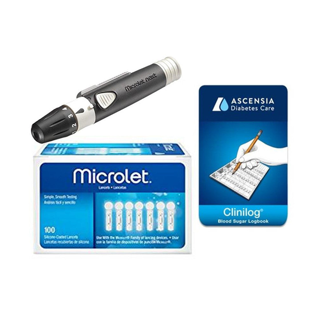  Ascensia Bayer Microlet NEXT Lancing Device [+] Microlet Lancets, Clinilog Log Book For Glucose Care