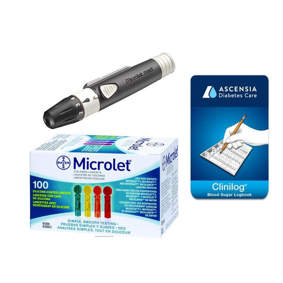 Ascensia Bayer Microlet NEXT Lancing Device [+] Microlet Color Lancets, Clinilog Log Book For Glucose Care