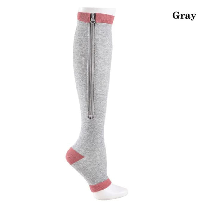 Overt Compression Zipper Socks - Knee High Zip, Open Toe & Solid Color Socks for Leg Support & Pain Relief - Gray