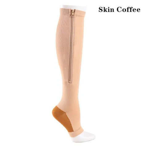 Overt Compression Zipper Socks - Knee High Zip, Open Toe & Solid Color Socks for Leg Support & Pain Relief - Skin Coffee