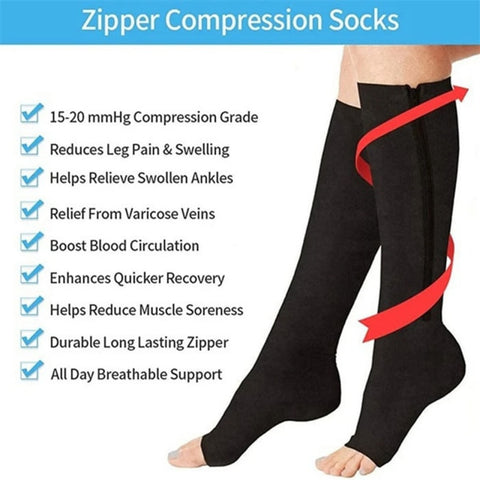 Overt Compression Zipper Socks - Knee High Zip, Open Toe & Solid Color Socks for Leg Support & Pain Relief - Black