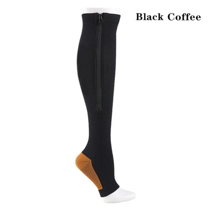 Overt Compression Zipper Socks - Knee High Zip, Open Toe & Solid Color Socks for Leg Support & Pain Relief - Black