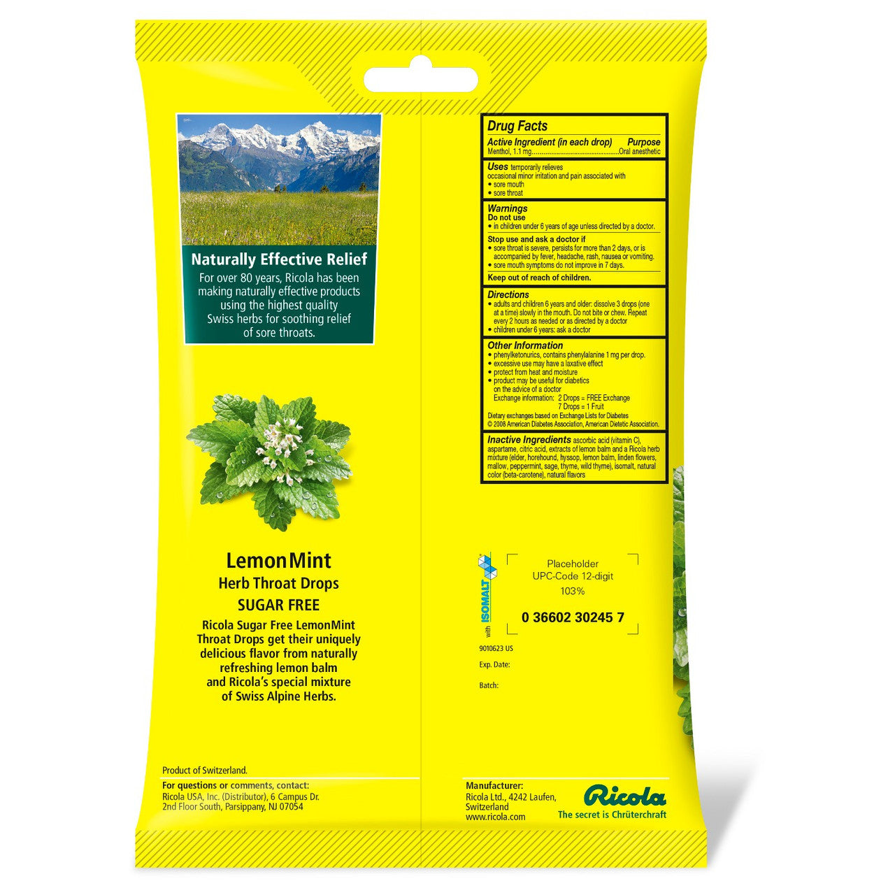 Ricola Cough Drops Sugar free Lemon Mint 45ct